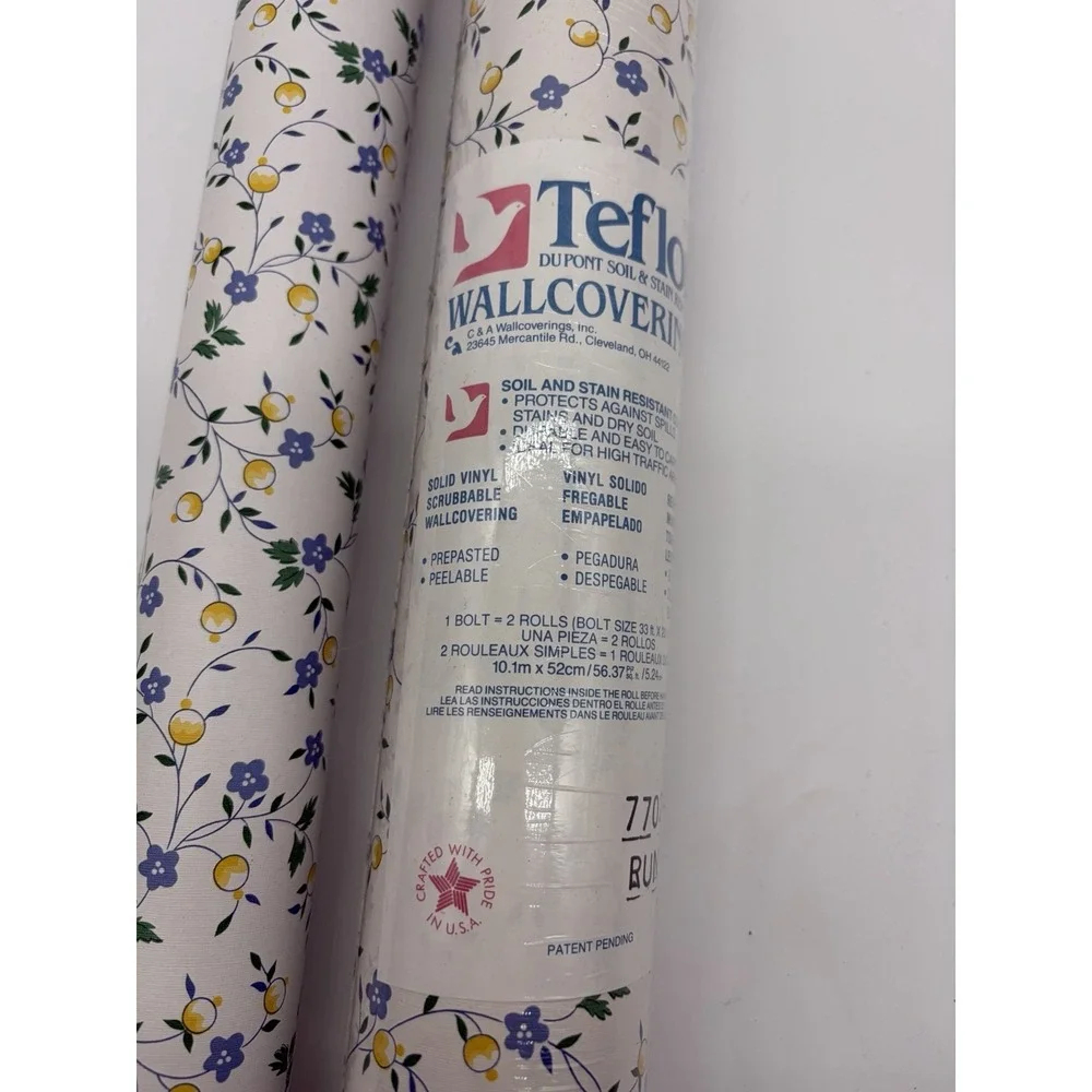 Vtg 1.5 Wallcovering Wallpaper Roll NOS 77023 Run 2 Blue Yellow Cottage Floral